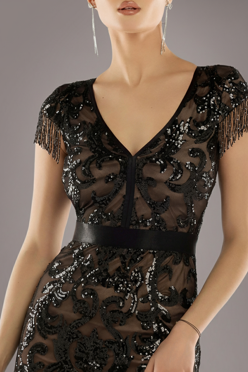 Embroidered Sequin Tassel Front Split Midaxi Dress - Black DR4590