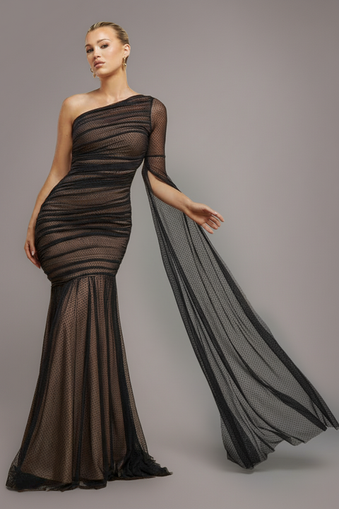 Gathered One Sleeve Angel Wing Mermaid Maxi Dress - Black by Goddiva