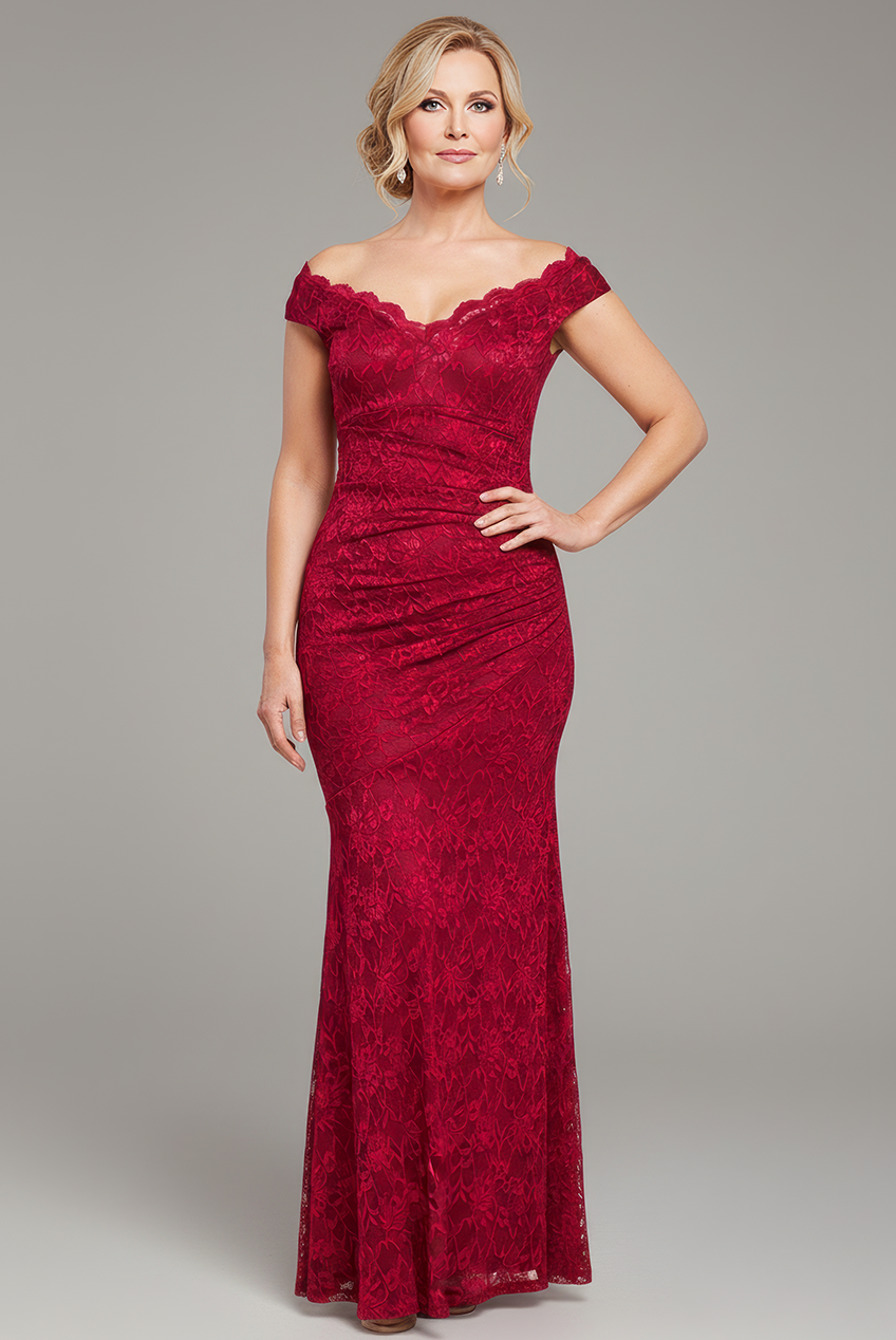 Off The Shoulder Scalloped Neck Maxi Dress - Wine DR4600M