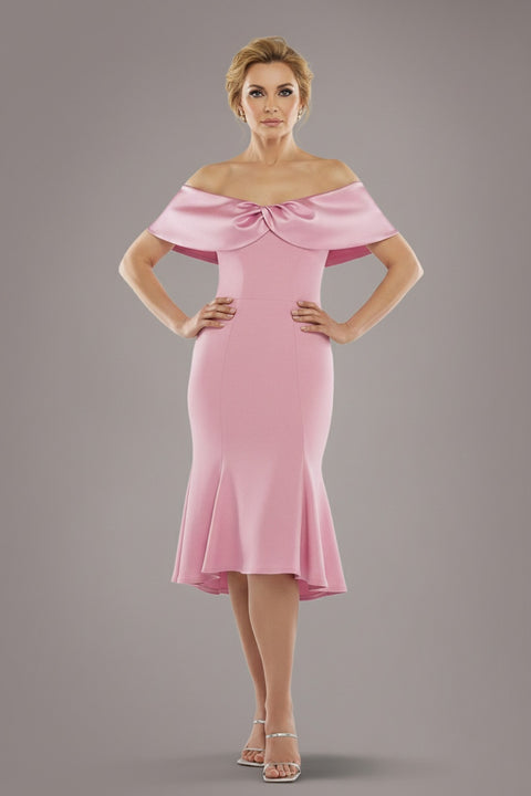 Twist Knot Satin & Scuba Bardot High Low Midi Dress - Blush Pink by Goddiva