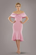 Twist Knot Satin & Scuba Bardot High Low Midi Dress - Blush Pink by Goddiva