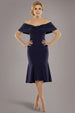 Twist Knot Satin & Scuba Bardot High Low Midi Dress - Navy Blue by Goddiva