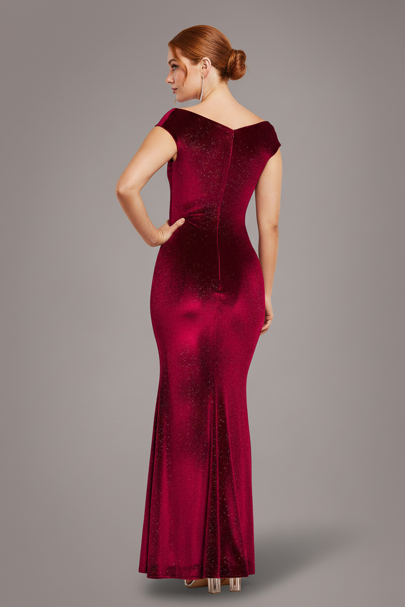 Shimmer Velvet Bardot Maxi Dress - Wine DR4643