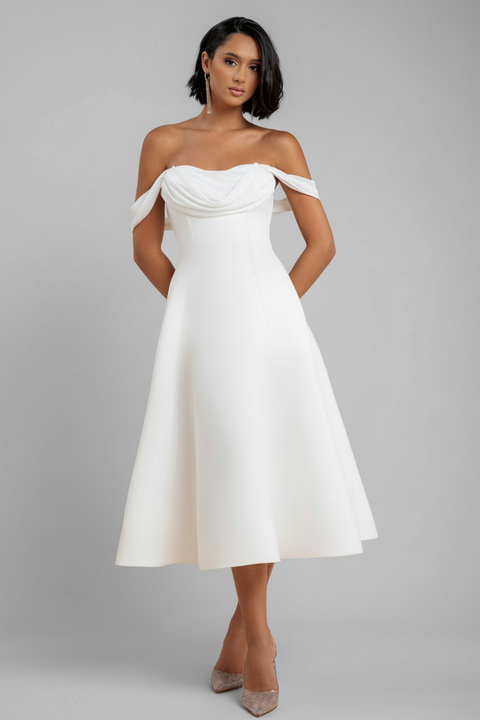 Sparkle Chiffon Cowl Bardot Skater Midi Dress - Cream by Goddiva