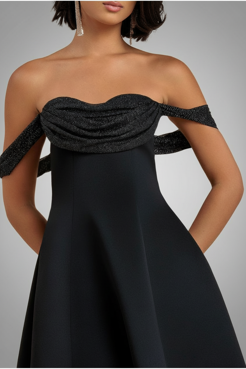 Sparkle Chiffon Cowl Bardot Skater Midi Dress - Black DR4721