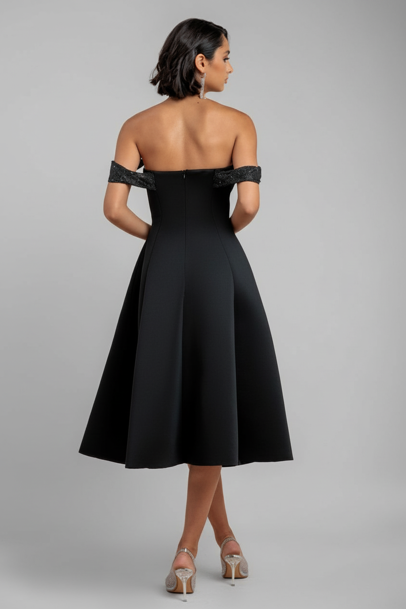 Sparkle Chiffon Cowl Bardot Skater Midi Dress - Black DR4721
