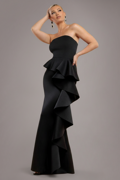 Black - Boobtube Peplum  Waterfall Frill Maxi Dress - Black by Goddiva
