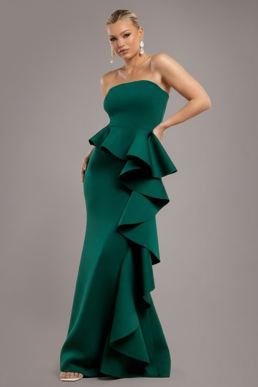Boobtube Peplum  Waterfall Frill Maxi Dress - Emerald Green DR4738