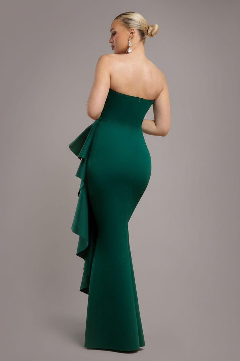 Boobtube Peplum  Waterfall Frill Maxi Dress - Emerald Green DR4738