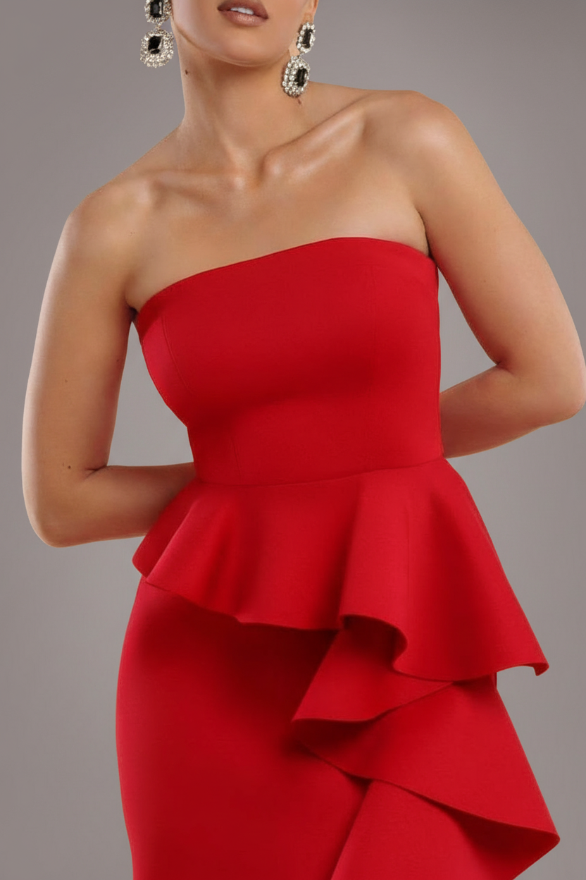 Boobtube Peplum Waterfall Frill Maxi Dress - Red | Goddiva Boobtube Peplum Waterfall Frill Maxi Dress - Red | Goddiva