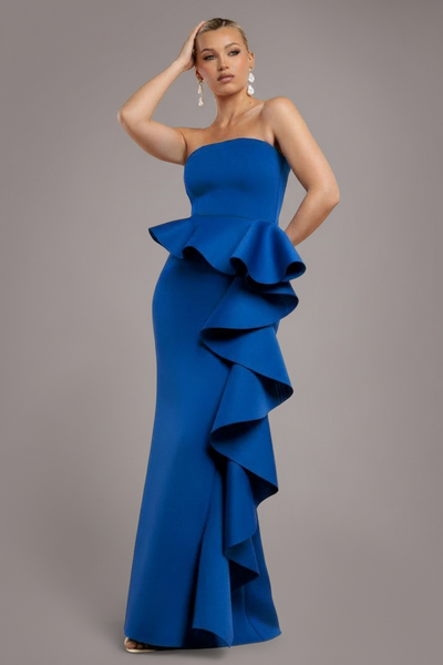 Royal Blue - Boobtube Peplum  Waterfall Frill Maxi Dress - Royal Blue by Goddiva