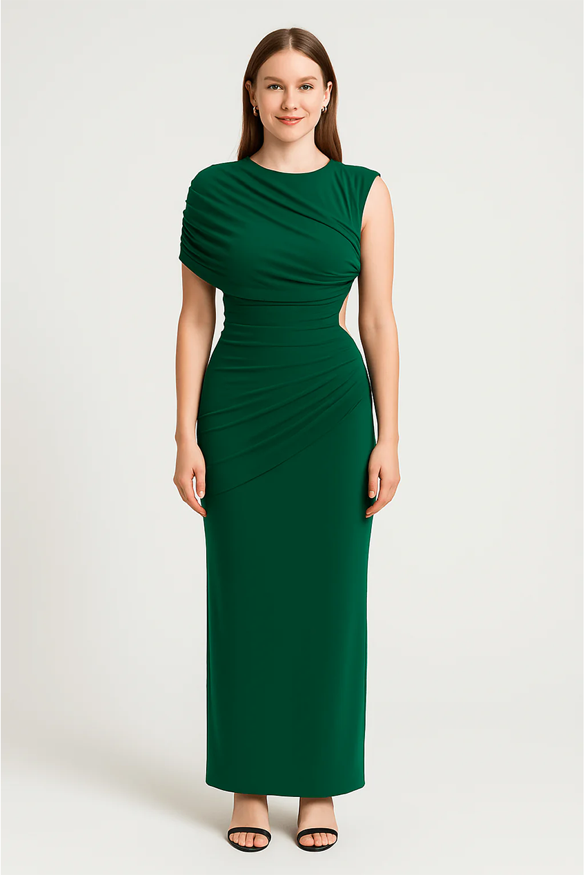 Draped Slim Fit Jersey Asymmetric Maxi Dress AV-IMD2444