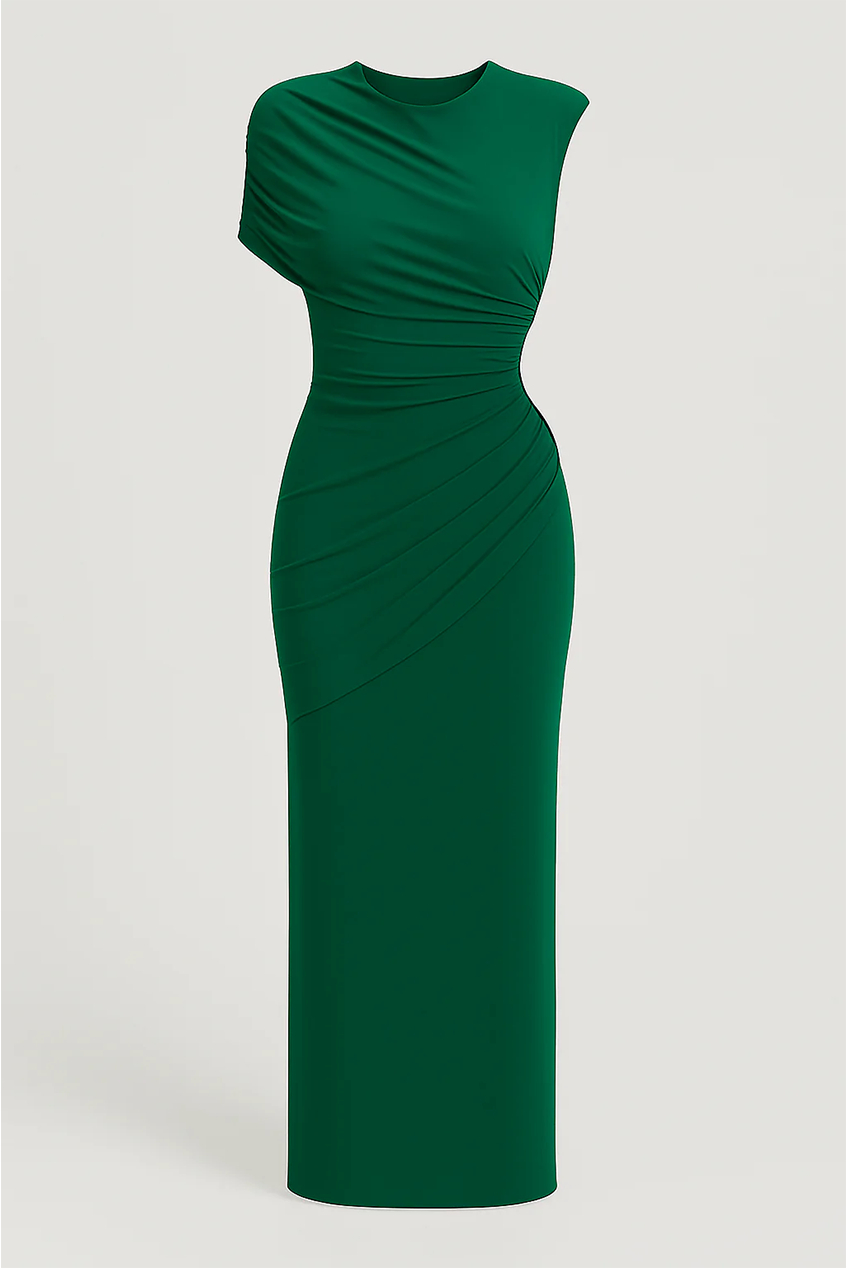 Draped Slim Fit Jersey Asymmetric Maxi Dress AV-IMD2444