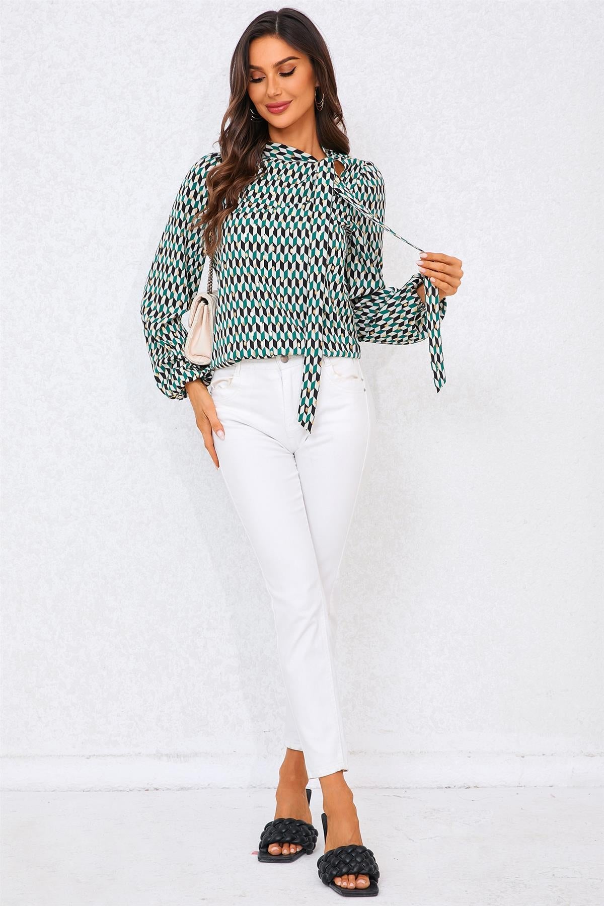 Geo Print Side Tie Blouse Top In Green FS705-GreenGeo