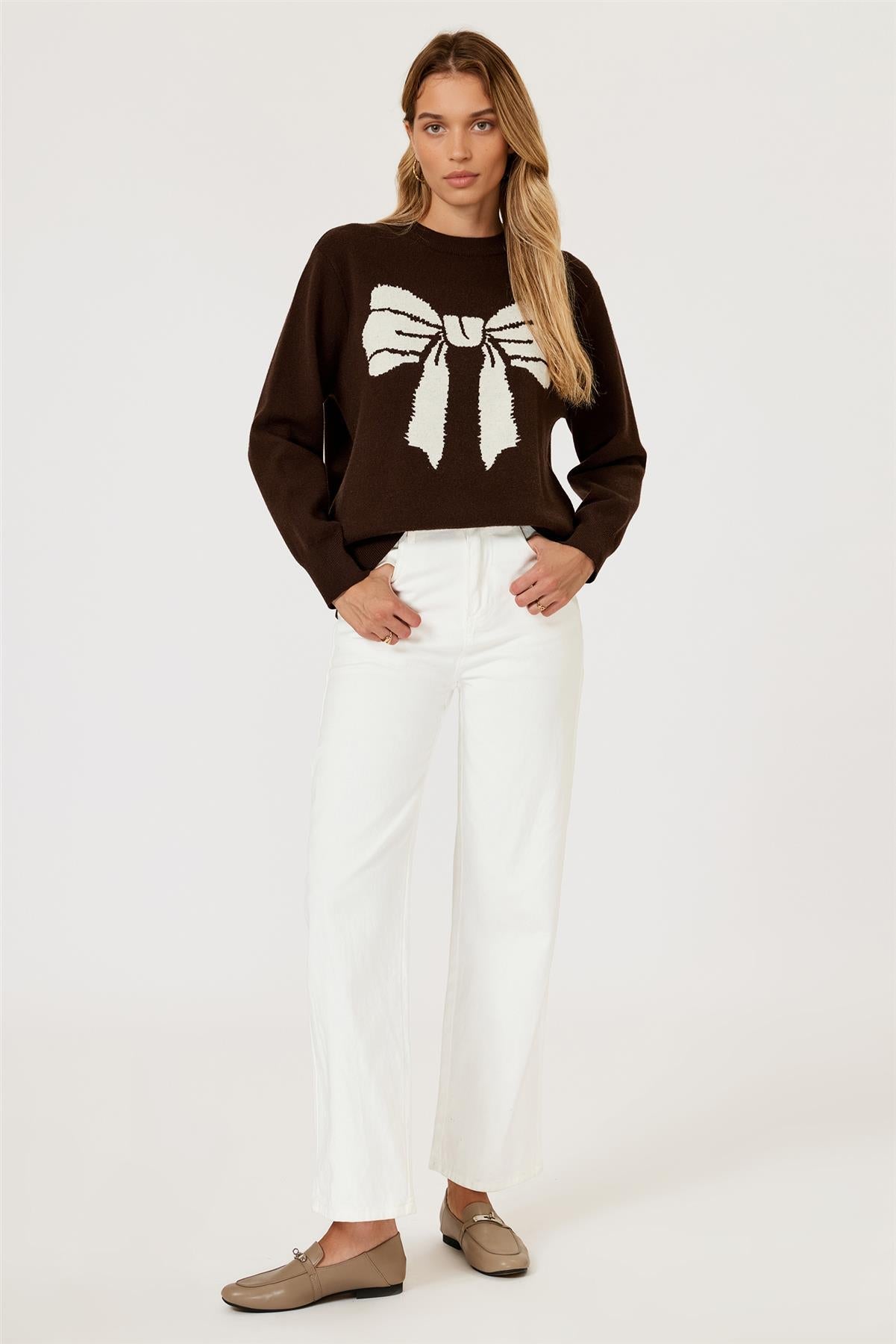 Bowknot Pattern Knit Jumper Top In Brown FS850