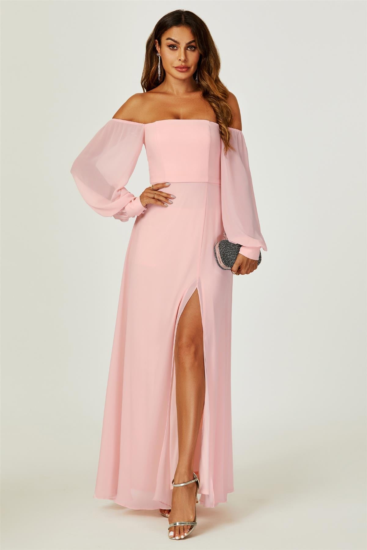 Bardot Long Sleeve Bridesmaid Dresses With High Slit In Pink FS744