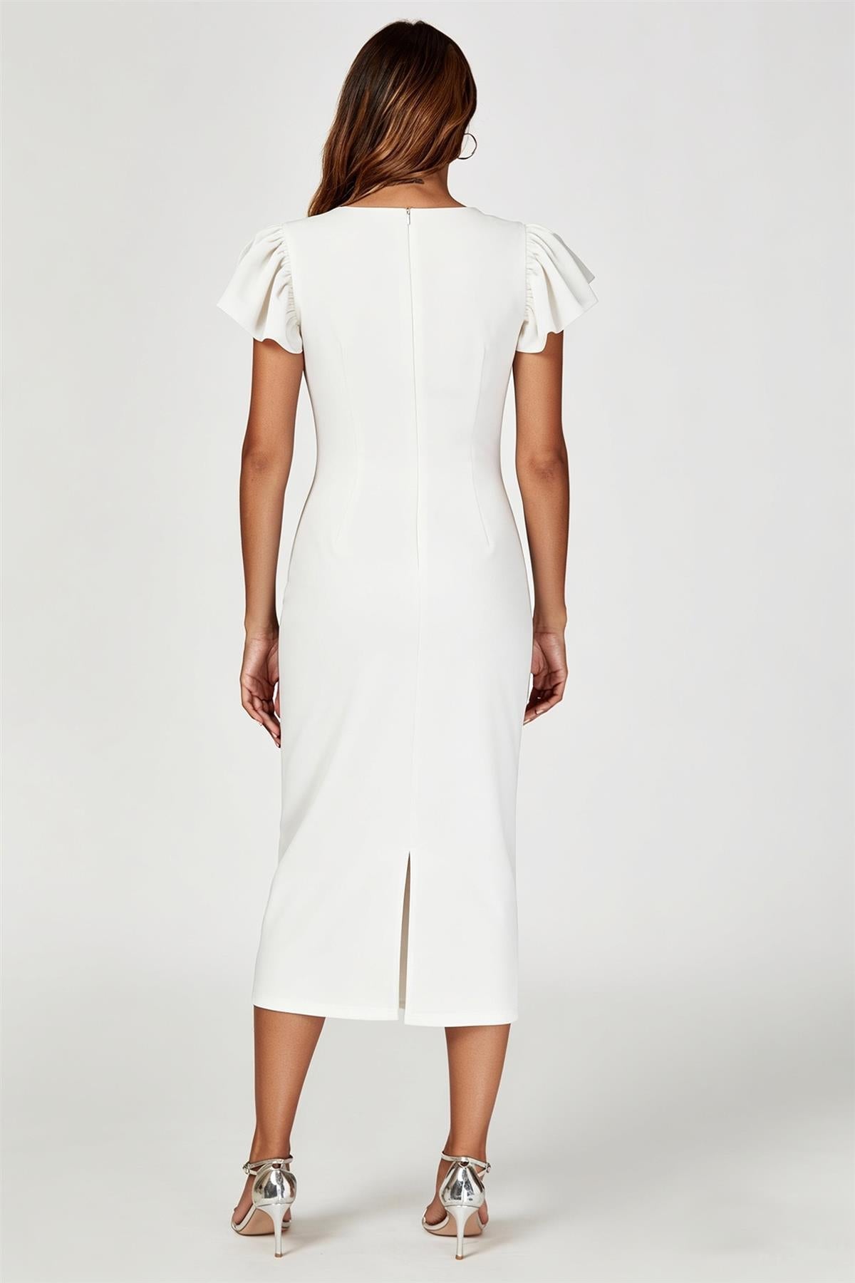 Volume Sleeve Bodycon Midi Dress In White FS770