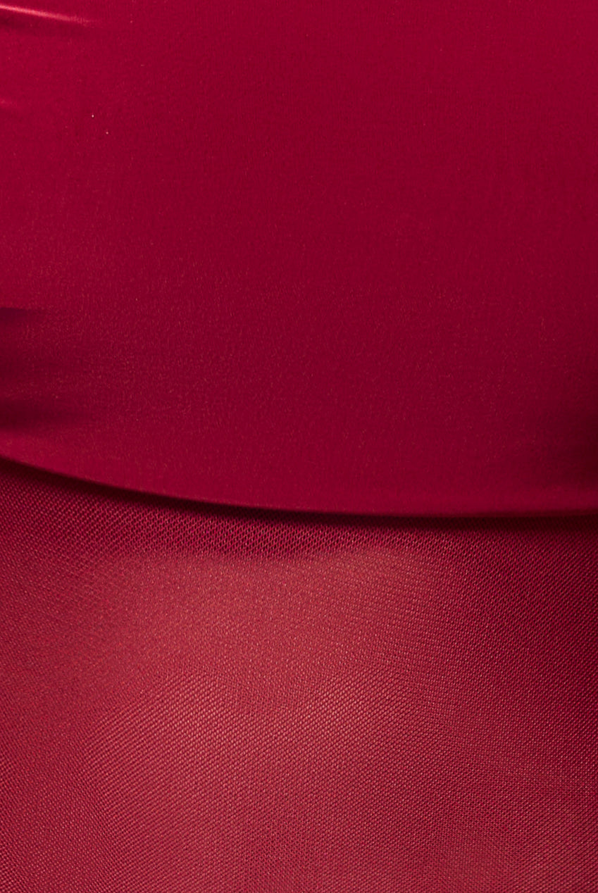 Gathered Off The Shoulder Mesh Waist Panel Maxi Dress - Wine DR4857