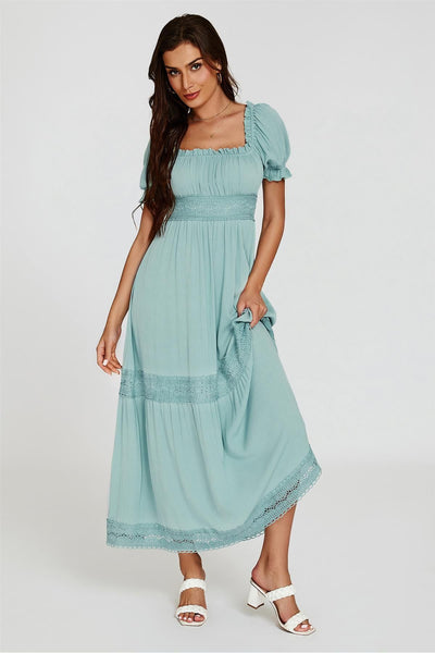Blue - Lace Detail Bardot Maxi Dress In Blue by FS Collection
