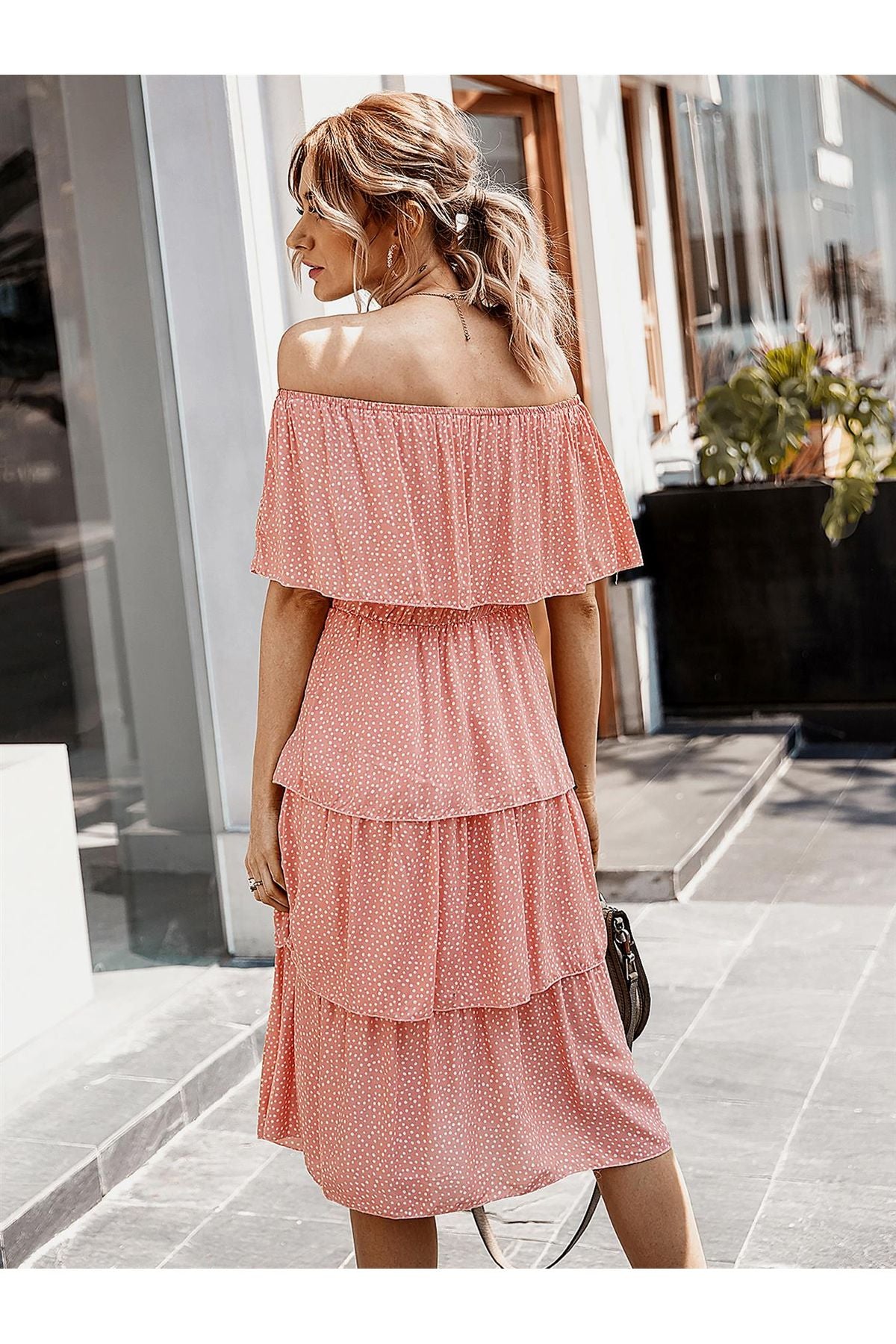 Off The Shoulder Bardot Frill Tiered Dress In Peach Polka Dot TT029-2