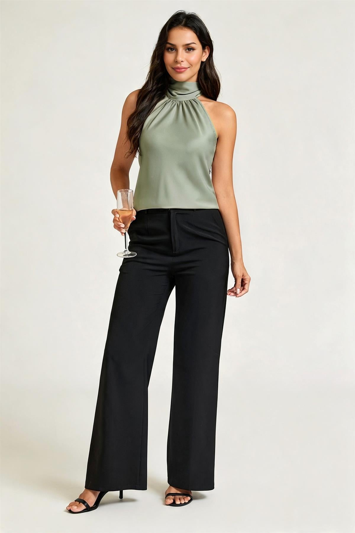 Satin Halter Neck Tie Back Top In Dusty Sage FS21180