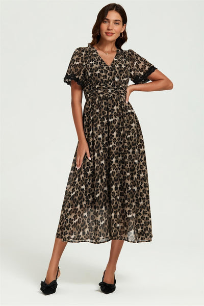 Brown - Leopard Print Lace Trim On Sleeve Midi Dress In Brown by FS Collection