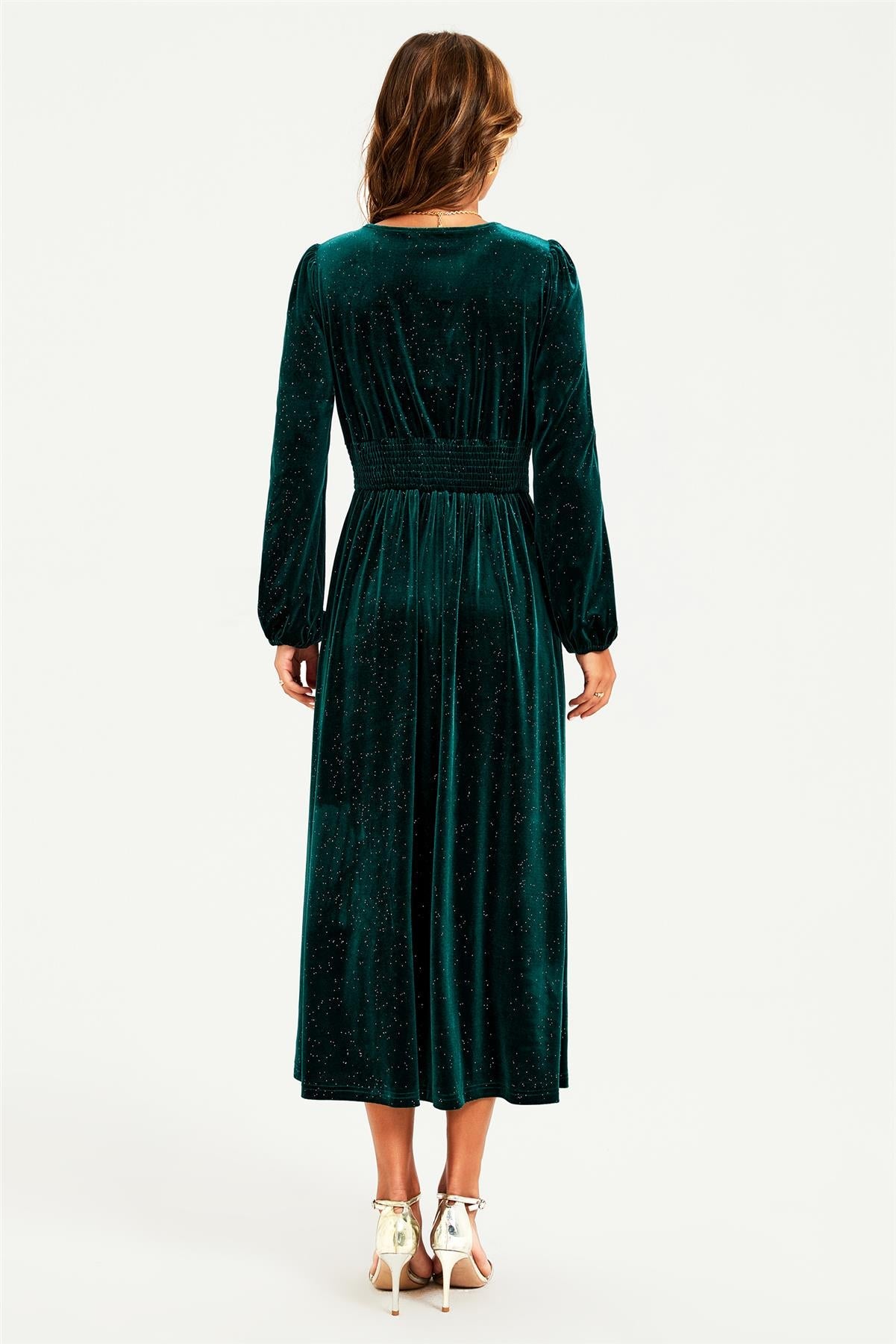 Silver Foil Velvet Lace Trim Neckline Midi Dress In Green FS906-GS