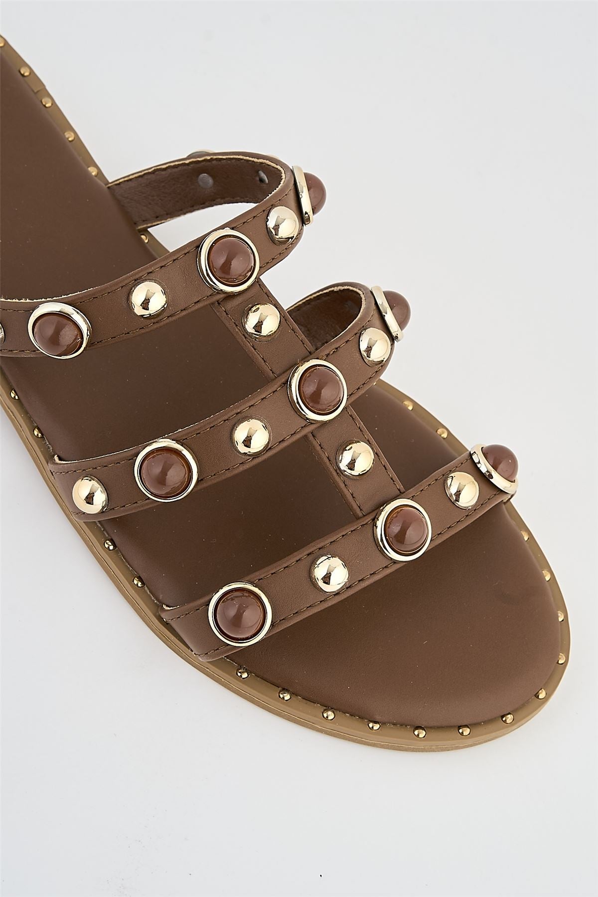 Molly Gold Round Stud Detail Cage Sliders In Brown LEM2-BRN
