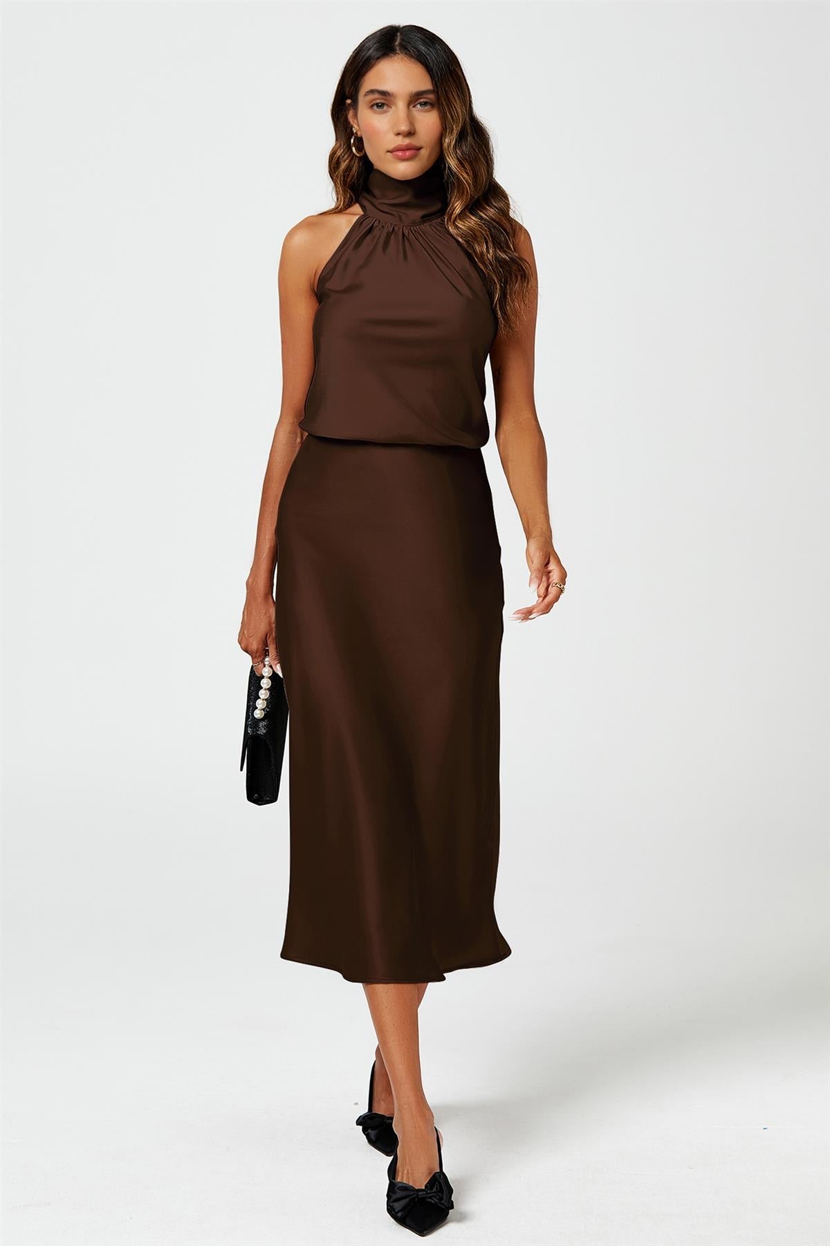 Brown Satin Midi Skirt FS613