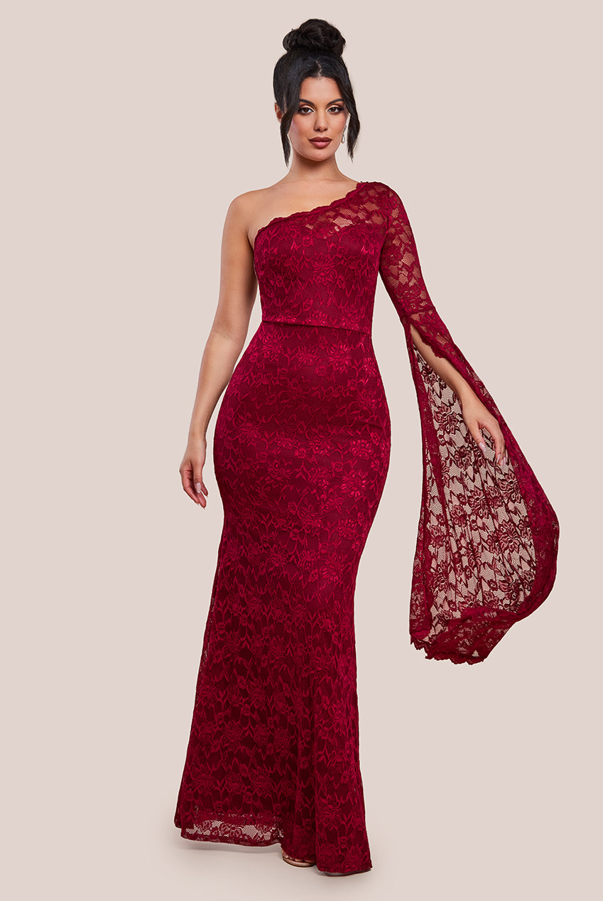 One Shoulder Scalloped Neck Maxi Dress - Wine DR4601