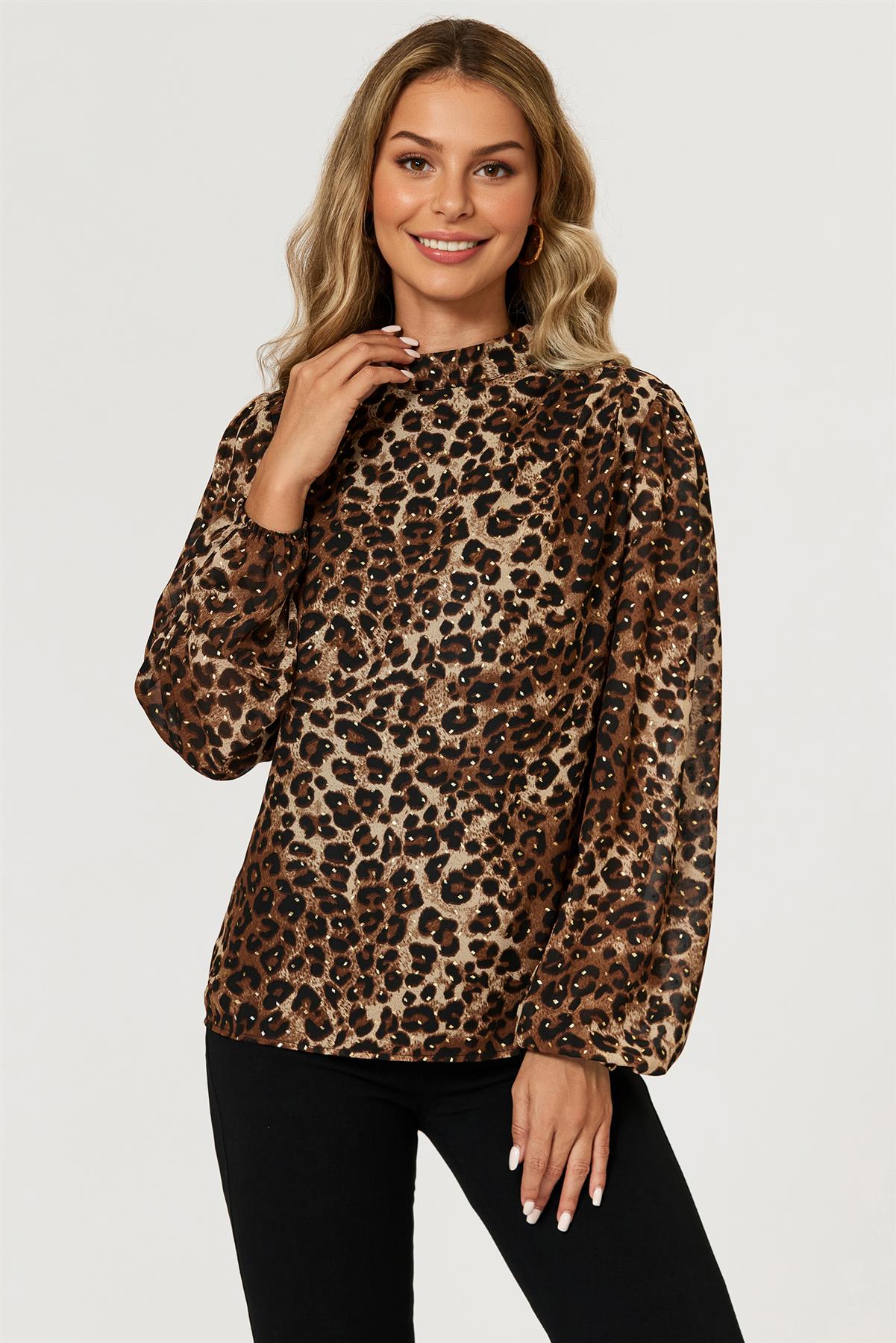 Leopard Print Foil Long Sleeve High Neck Top In Brown FS628-LPF