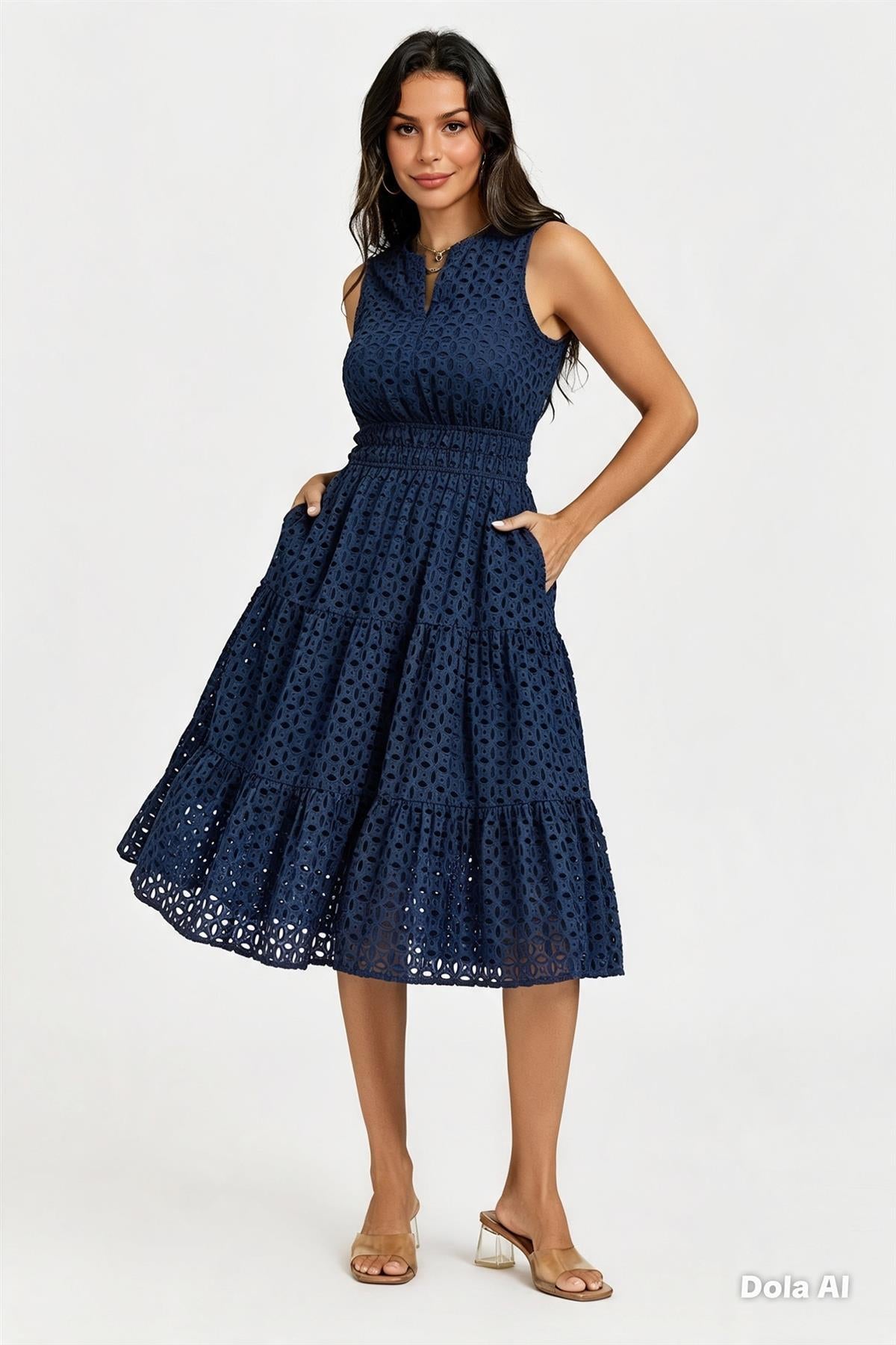 Sleeveless Broderie Anglaise Midi Dress In Navy FS982