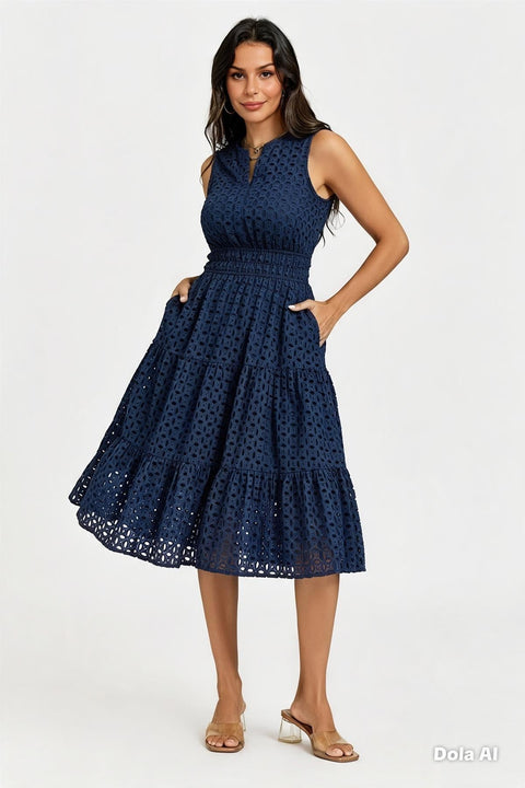 Sleeveless Broderie Anglaise Midi Dress In Navy by FS Collection