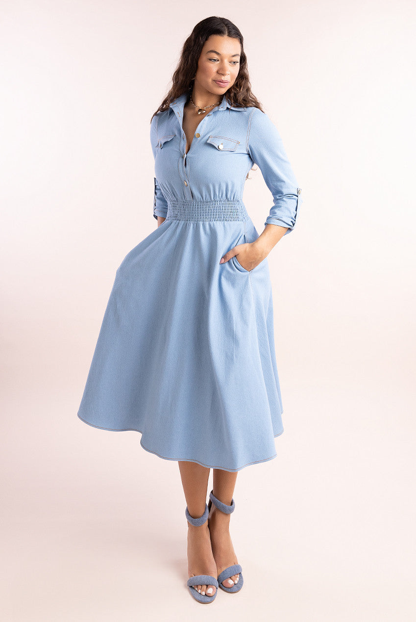 Denim Flared Midi Shirt Dress - Sky Denim DR4119