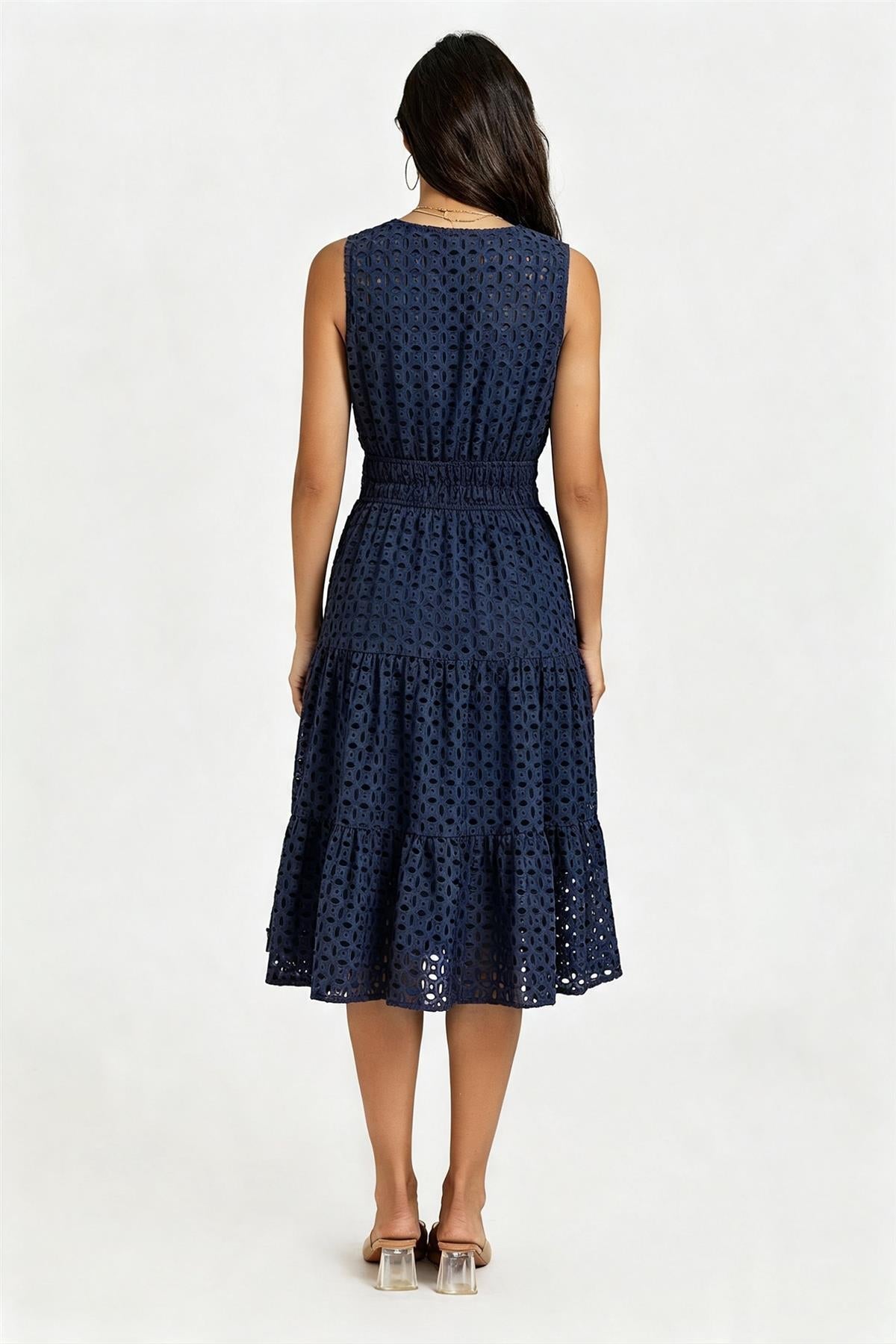 Sleeveless Broderie Anglaise Midi Dress In Navy FS982