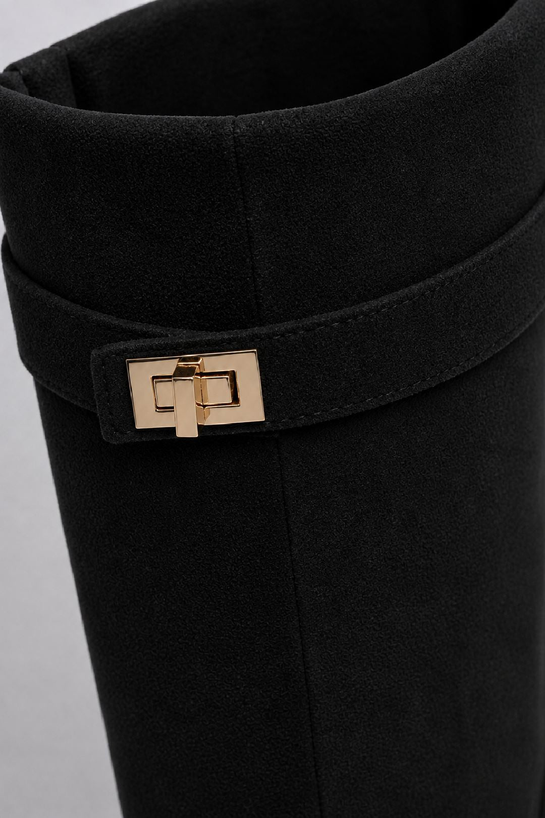 Isley Round Toe Gold Trim Buckle Fold Over Knee High Boots In Black Suede WISPA15-BLKSU