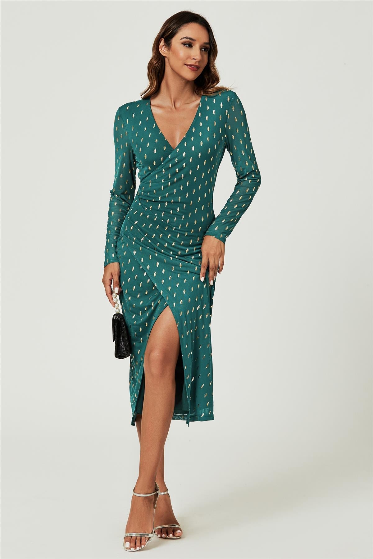 Foil Mesh Long Sleeve Midi Dress In Green FS740-GreenFoil