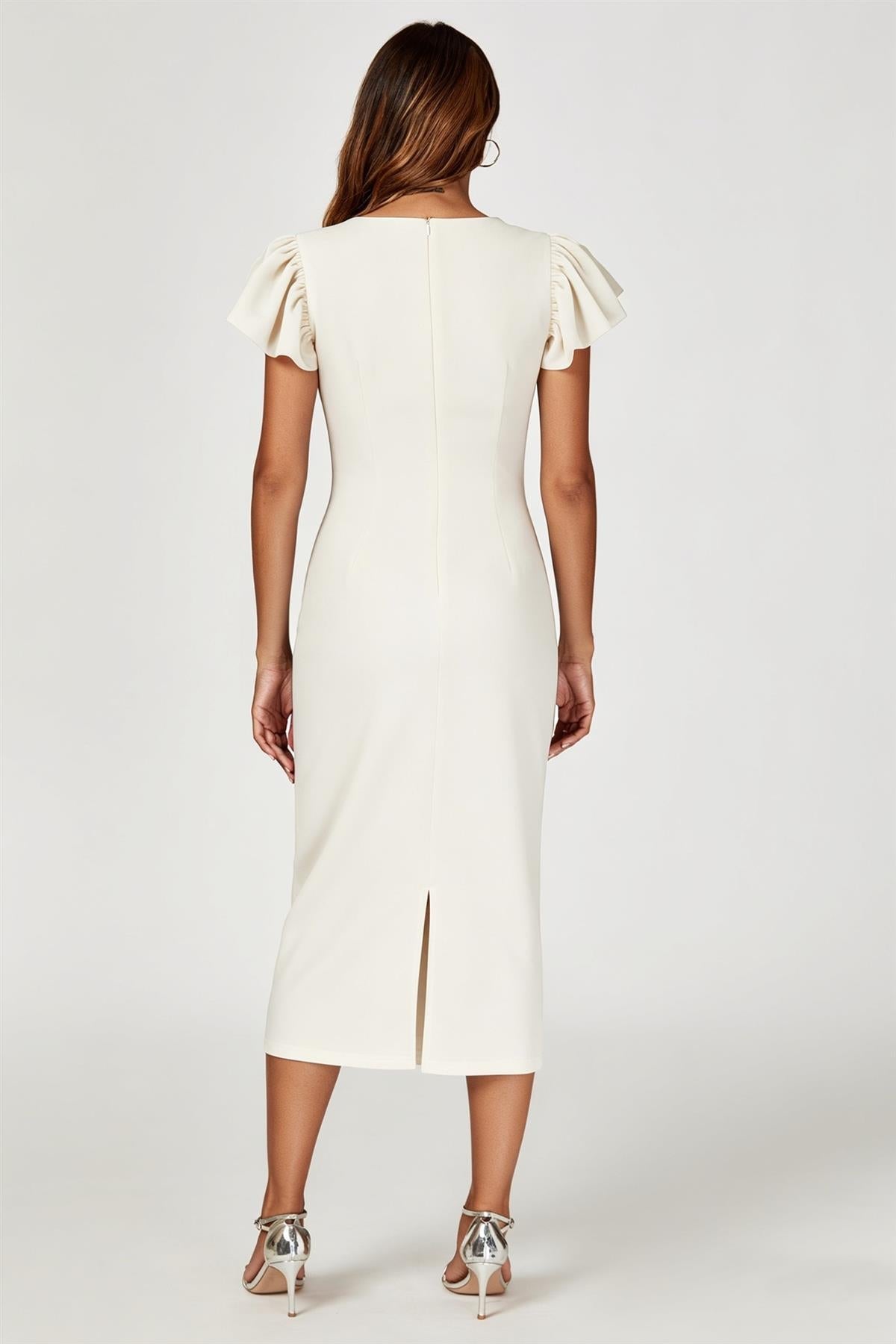 Volume Sleeve Bodycon Midi Dress In Off White FS770