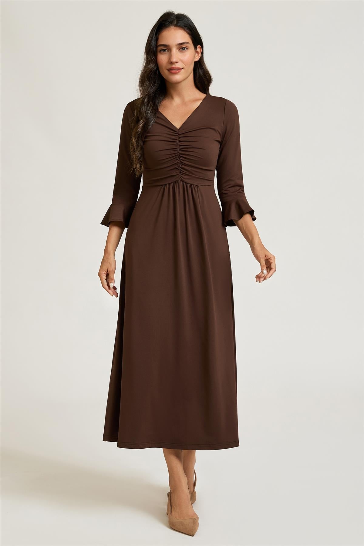 Fluted Sleeves Ruched Jersey Midi Dress In Brown FS992
