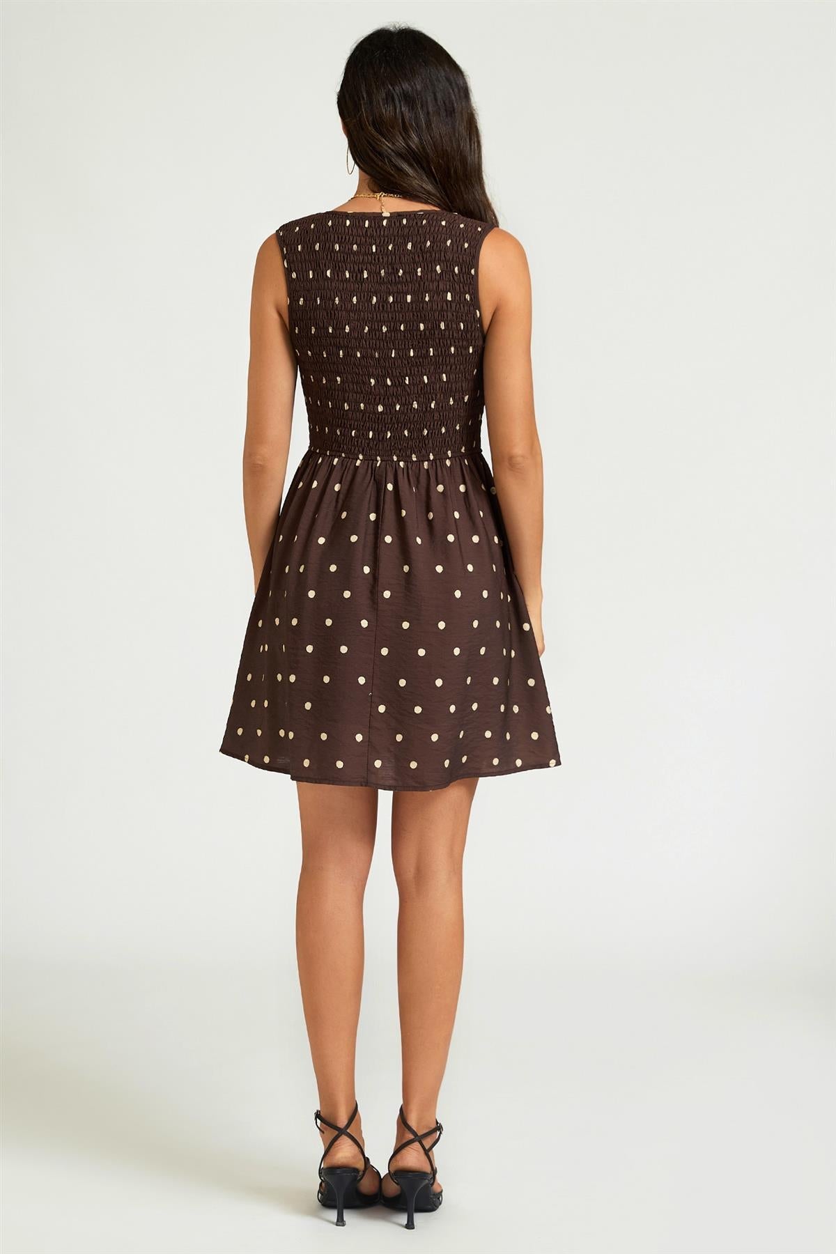 Dot Print V-Neck Sleeveless Shirred Mini Dress In Brown FS988