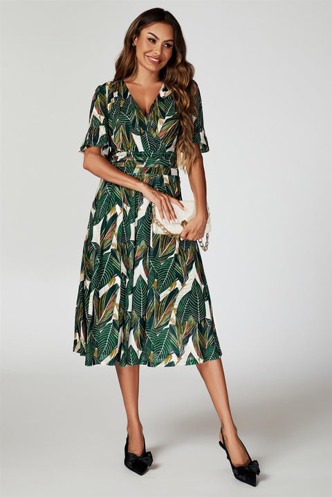 Leaf Print Mesh Midi Dress In Green by FS Collection