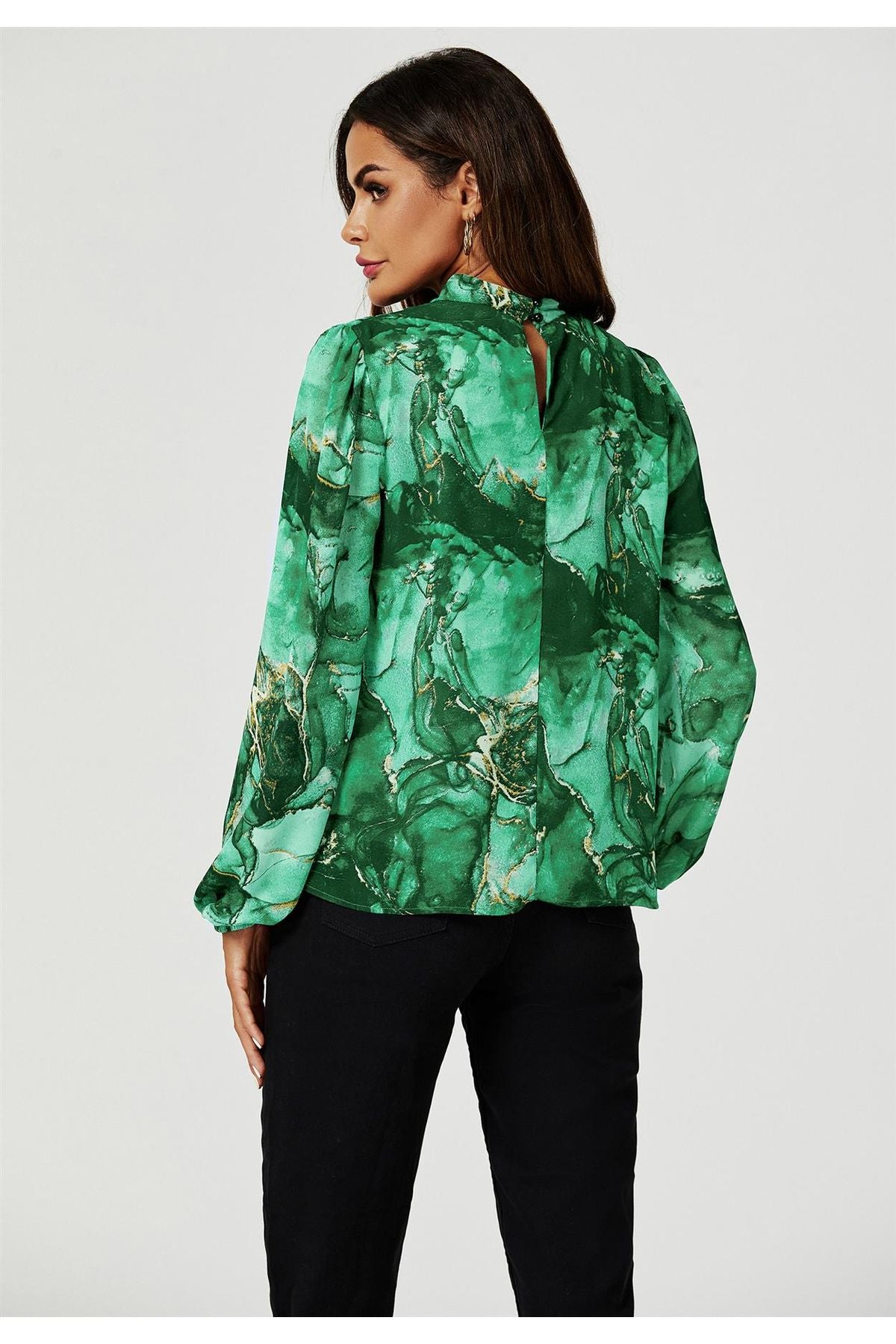 Marble Print Long Sleeve High Neck Top In Light Green FS628