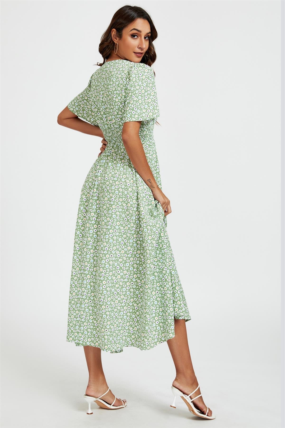 Multi Floral Print V Neck Midi Dress In Green FS763-GMF