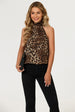 Leopard Print Foil Halter Neck Tie Back Top In Brown by FS Collection
