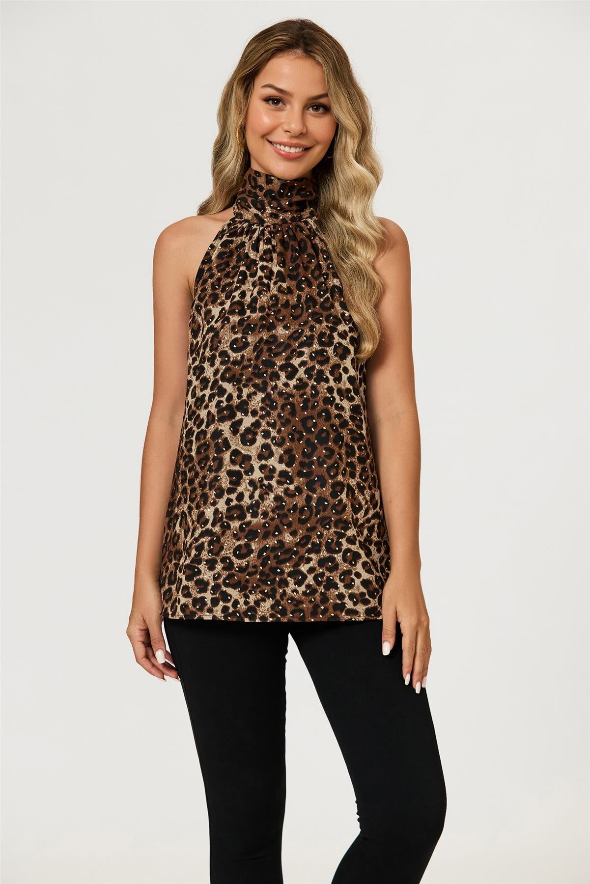 Leopard Print Foil Halter Neck Tie Back Top In Brown FS21180-LPF