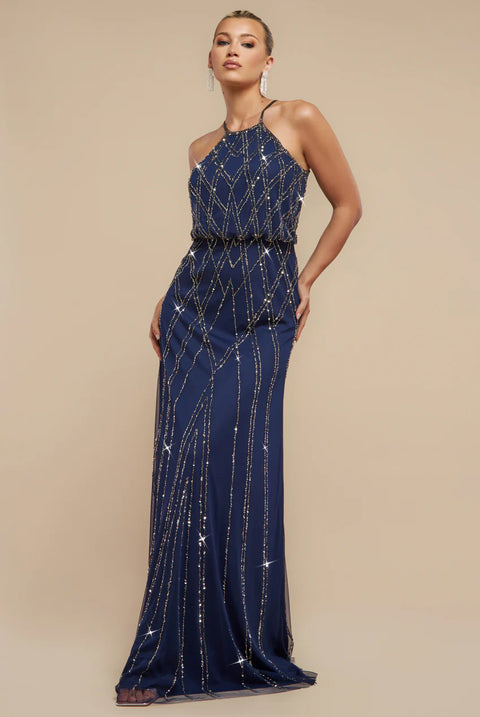 Racer Neck Sleeveless Hand Embellished Sequin Maxi Dress - Navy Blue by Goddiva