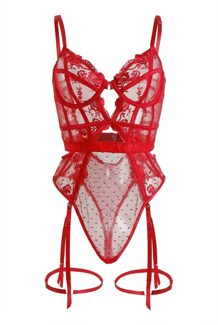 Evangeline Lace Garter Bodysuit | Red LN-EVIE