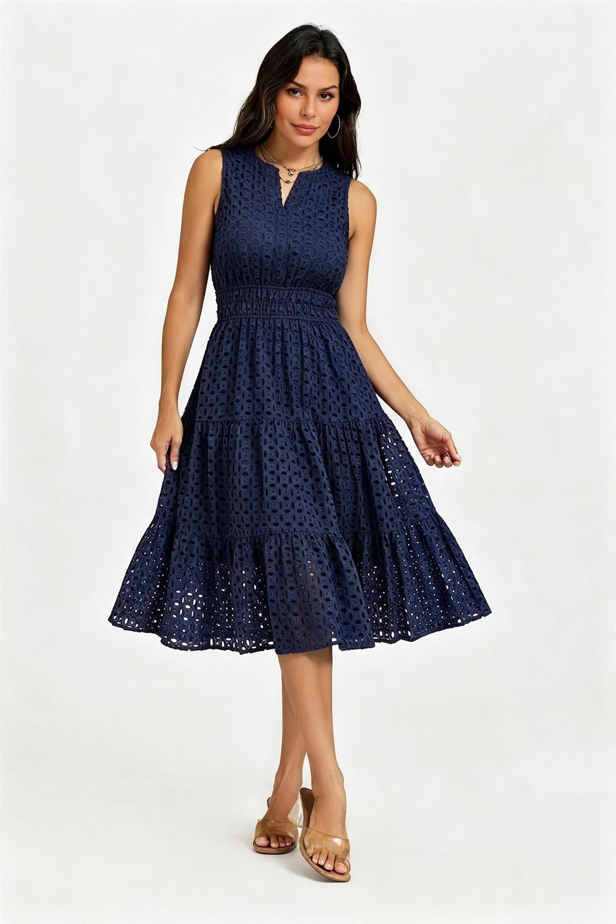 Sleeveless Broderie Anglaise Midi Dress In Navy FS982