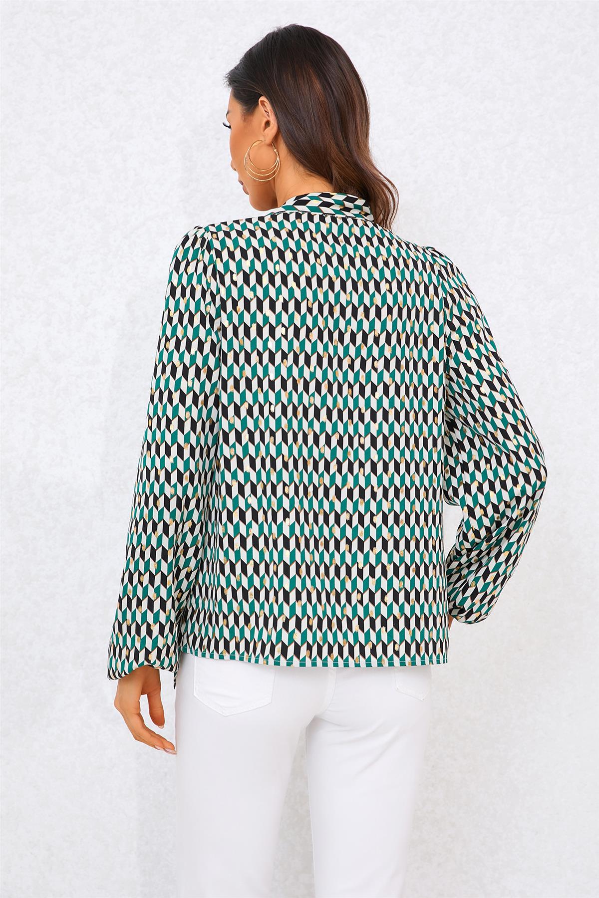 Geo Print Side Tie Blouse Top In Green FS705-GreenGeo