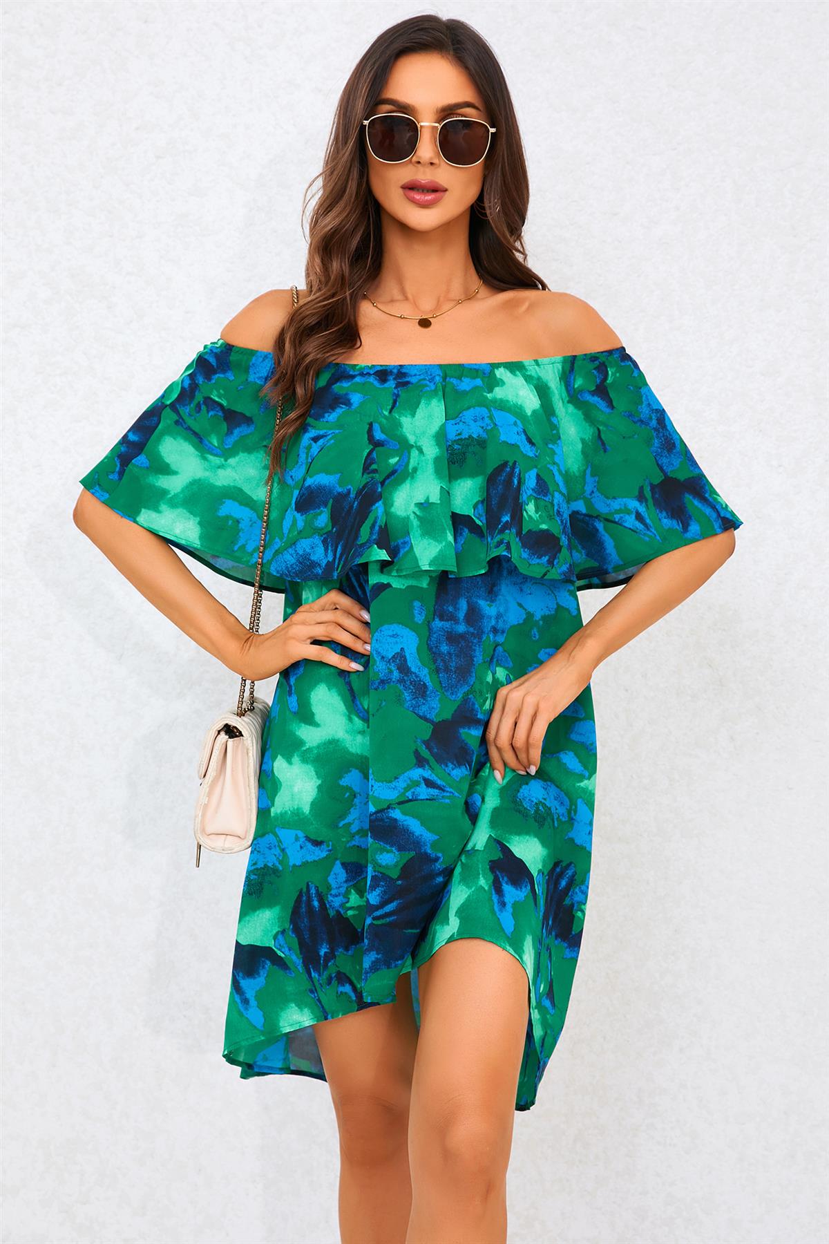 Abstract Floral Print Bardot Frill Off Shoulder Mini Dress In Green FS21179-BAF